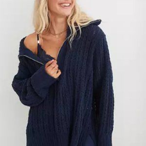 Aerie cable car quarter zip sweater, navy, size small